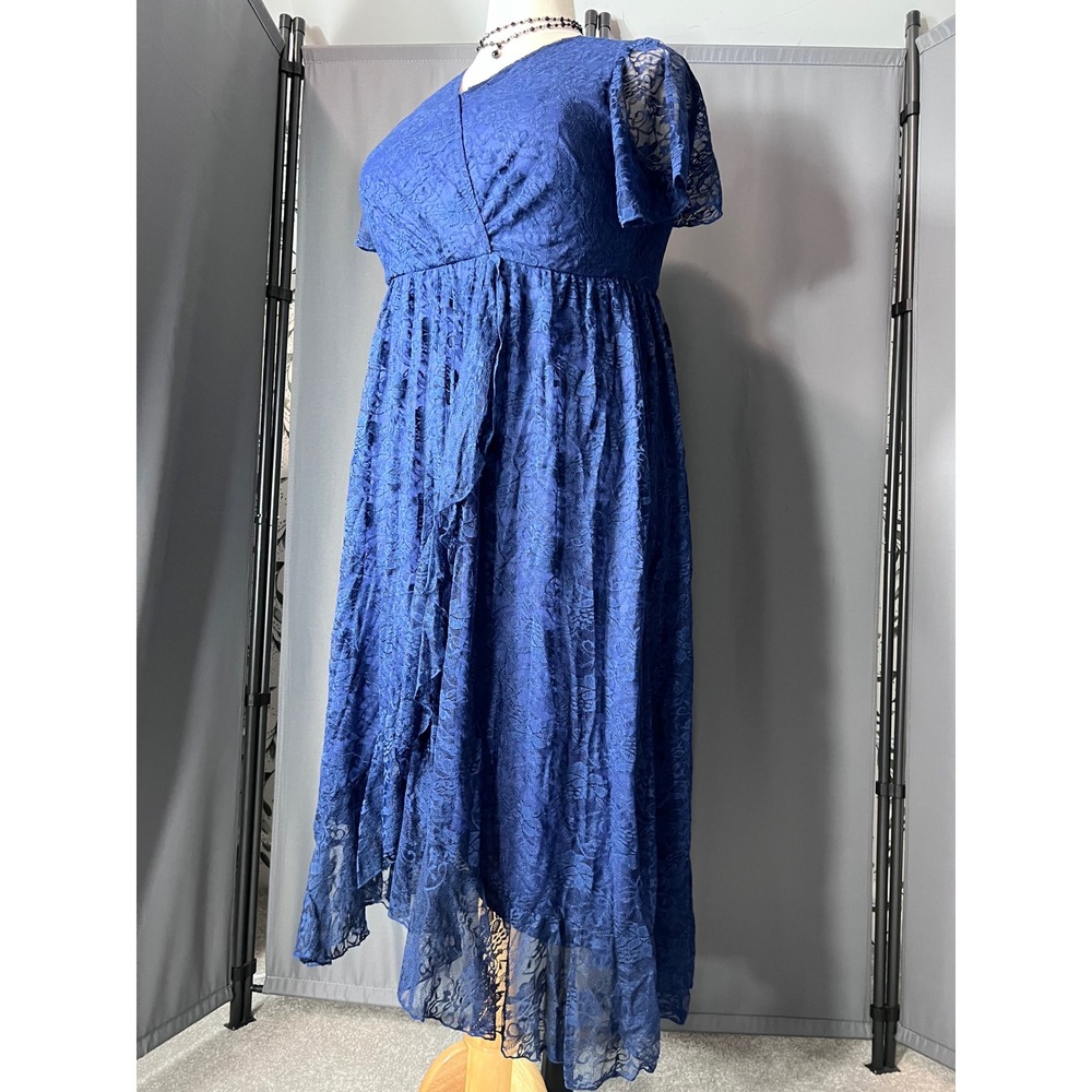 Royal Blue Floral Lace High-Low Faux Wrap Empire Waist Dress with Ruffle Detail - Picture 6 of 13